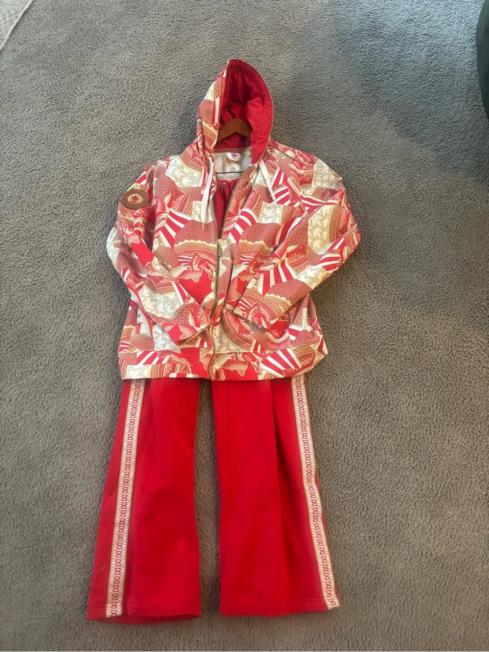 Red Patterned Hooded Jacket & Red Track Pants Set from 2010 Olympics